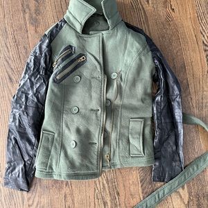 Leather sleeve olive green trendy jacket